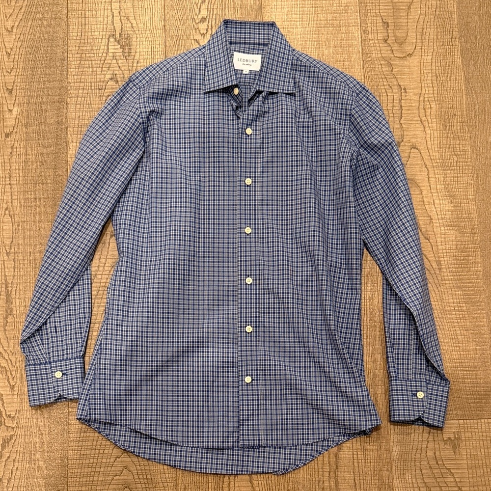 Ledbury Men’s Dress Shirt – Medium, Blue Plaid, Tailored Fit
